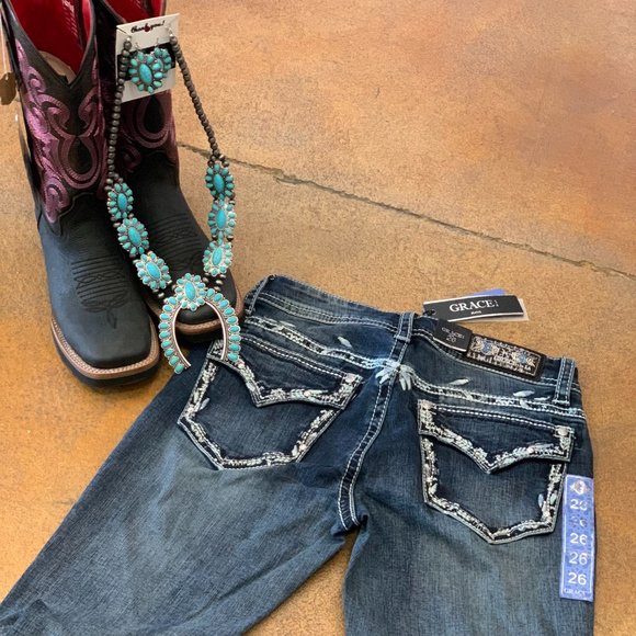 Womens Easy Fit Faux Flap Pocket Bling Bootcut Jeans - Picture 3 of 7